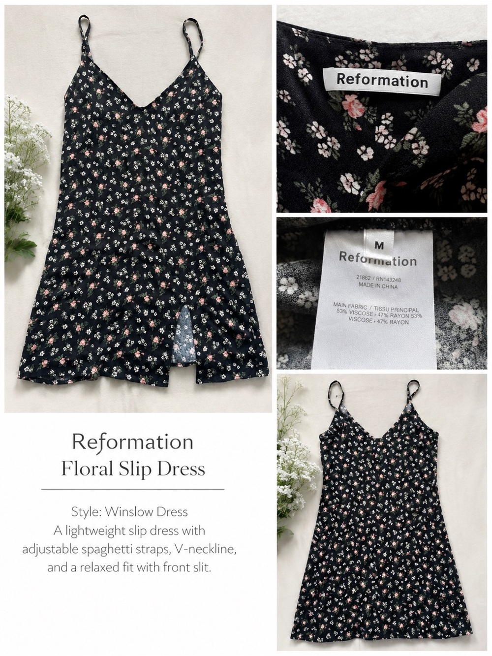 Reformation Black Floral Slip Dress with Pink & White Blooms